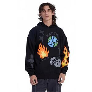 PacSun, L, Black, Earth Graphic Hoodie with Flame Sleeves